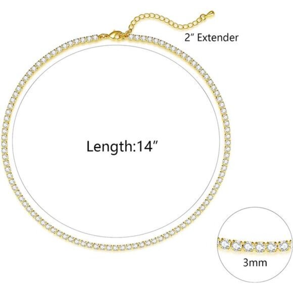 Tennis Necklace 14K Gold Plated Rhinestone Butterfly Choker Necklaces 3mm - Picture 2 of 7